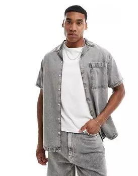 ASOS DESIGN — Свободная рубашка из потертого серого денима с лацканами