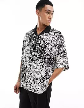 ASOS DESIGN – Свободная рубашка оверсайз черного цвета с белым цветочным узором и воротником с лацканами