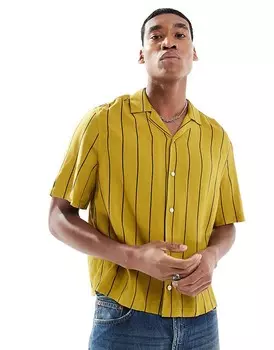 ASOS DESIGN – свободная рубашка свободного кроя из искусственного льна с короткими рукавами и зелеными полосками