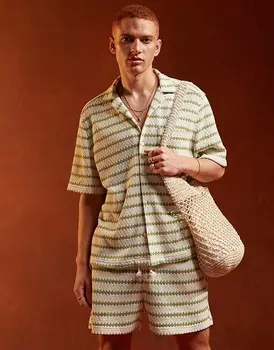 ASOS DESIGN – Свободная рубашка свободного кроя зеленого и экрю с фактурным узором в полоску, однотонная
