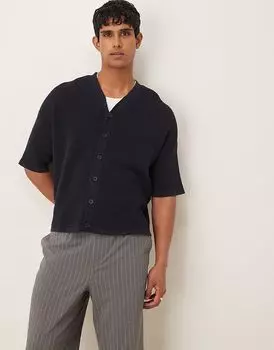 ASOS DESIGN свободная трикотажная бейсбольная рубашка на пуговицах темно-синего цвета