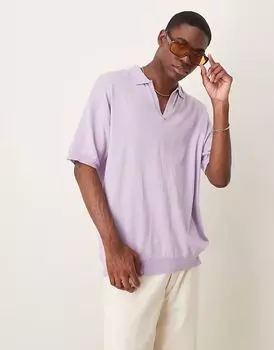ASOS DESIGN свободная трикотажная рубашка-поло с вырезом-стойкой сиреневого цвета