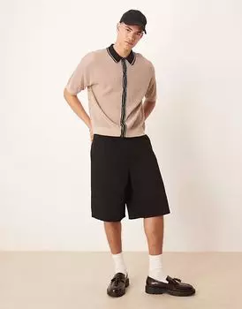 ASOS DESIGN свободный крой поло Airtex на пуговицах с контрастным воротником в каменном цвете