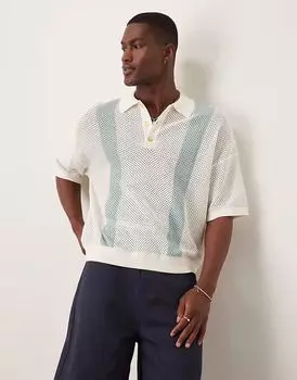 ASOS DESIGN свободный крой поло из трикотажной ткани Airtex цвета экрю с синими полосками