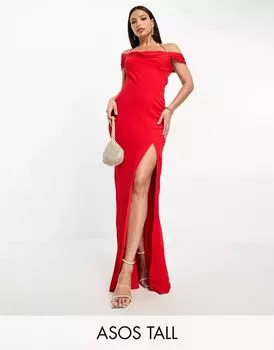 ASOS DESIGN Tall — асимметричное платье макси красного цвета с короткими рукавами, открытой спиной и шнуровкой