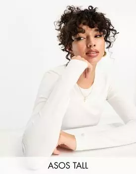 ASOS DESIGN Tall — Белая хлопковая футболка с длинными рукавами — WHITE