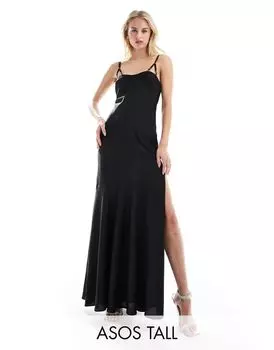 ASOS DESIGN Tall — черное атласное платье макси с бретелями с пряжками и расклешенной длинной юбкой