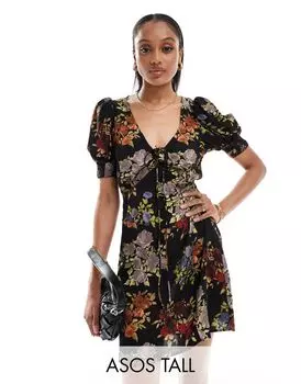 ASOS DESIGN Tall — черное мини-платье доярки с завязкой и узором