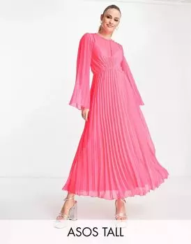ASOS DESIGN Tall — флюоро-розовое плиссированное платье миди с завязками на спине и расклешенными рукавами