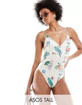 ASOS DESIGN Tall – Купальник с V-образным вырезом и принтом в виде открытки