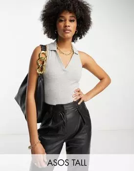 ASOS DESIGN Tall — серое меланжевое боди в рубчик с воротником
