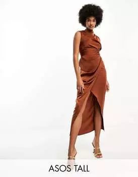 ASOS DESIGN Tall Шоколадное атласное драпированное платье с юбкой с запахом