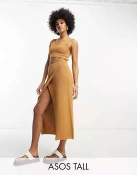 ASOS DESIGN Tall Трикотажная юбка миди с запахом из фактурной пряжи светло-коричневого цвета