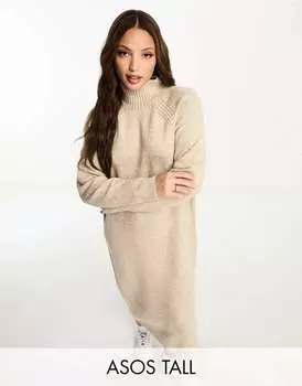 ASOS DESIGN Tall Трикотажное платье оверсайз миди с высоким воротником цвета камня