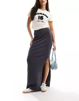 ASOS DESIGN – Темно-серая юбка макси в рубчик с разрезом по бокам