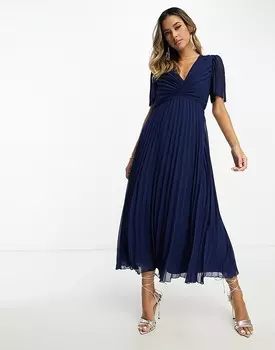 ASOS DESIGN – Темно-синее платье миди со складками и развевающимися рукавами