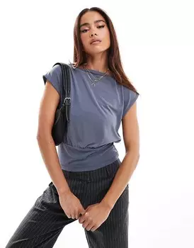 ASOS DESIGN – темно-синий топ из купро в рубчик со сборкой на талии