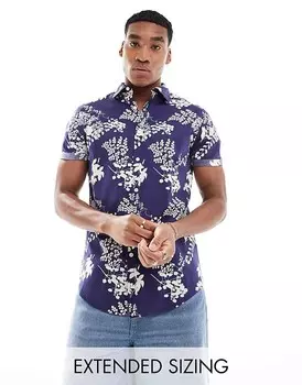 ASOS DESIGN – Темно-синяя эластичная рубашка узкого кроя с цветочным принтом