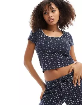 ASOS DESIGN – Темно-синяя фактурная футболка с цветочным принтом, квадратным вырезом и короткими рукавами, однотонная