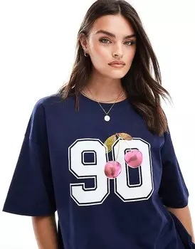 ASOS DESIGN – темно-синяя футболка оверсайз с графическим номером и вишней
