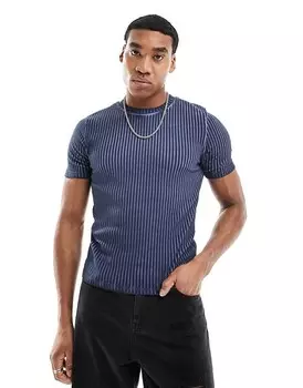 ASOS DESIGN – Темно-синяя масляная футболка в рубчик с облегающим укороченным кроем