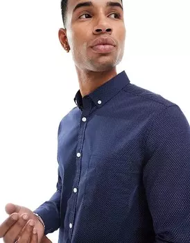 ASOS DESIGN – темно-синяя приталенная рубашка в горошек и воротник на пуговицах