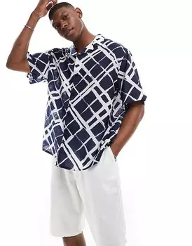ASOS DESIGN Темно-синяя рубашка оверсайз с клетчатым кубинским воротником