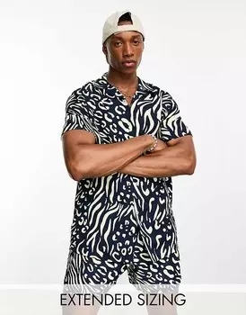 ASOS DESIGN – Темно-синяя рубашка с узором, воротником с лацканами и зебровым принтом, однотонная