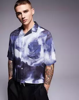 ASOS DESIGN – Темно-синяя рубашка свободного кроя с кубинским воротником и узором в виде облаков
