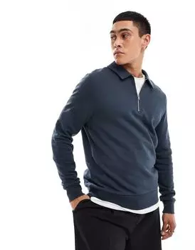 ASOS DESIGN – темно-синяя толстовка с воротником-поло и молнией на шее