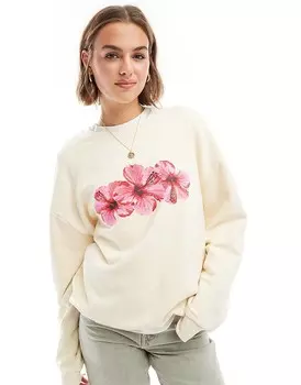 ASOS DESIGN – Толстовка оверсайз цвета экрю с графикой гибискуса 3w