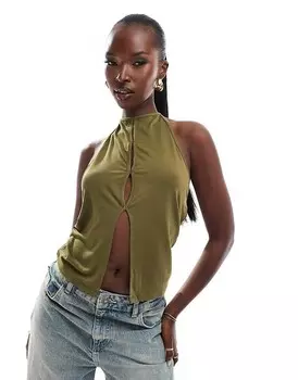 ASOS DESIGN — топ цвета хаки с вырезом через шею и вырезами