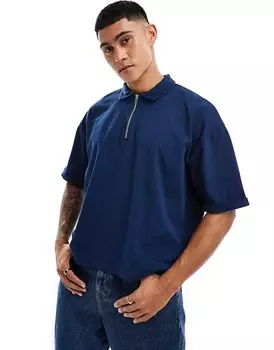 ASOS DESIGN – Тяжелая рубашка-поло свободного кроя темно-синего цвета с закатанными рукавами