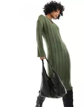 ASOS DESIGN – трикотажное платье миди с ажурным узором цвета хаки