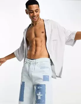 ASOS DESIGN – Удлиненная рубашка для боулинга бледно-голубого цвета из вискозы со спущенными плечами
