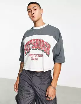 ASOS DESIGN — Укороченная футболка оверсайз серо-белого цвета с принтом с названием города — WHITE