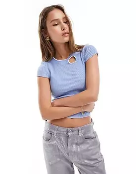 ASOS DESIGN – Укороченная футболка синего трикотажа в рубчик с контрастной окантовкой