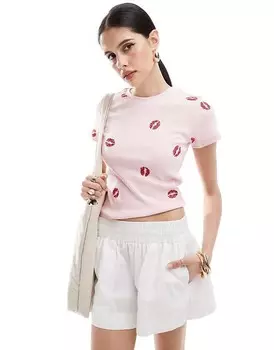 ASOS DESIGN – Укороченная футболка светло-розового цвета с вышивкой губ