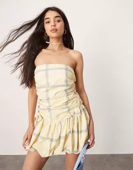 ASOS DESIGN – Ultimate – Желто-синее мини-платье-бандо в клетку с пышной юбкой с бантом