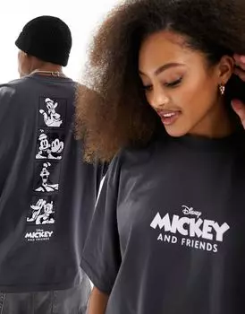 ASOS DESIGN Unisex – Disney – графитовая футболка оверсайз с принтом «Микки Маус и друзья» на спине