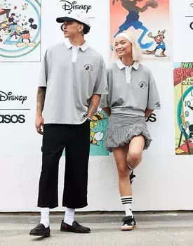 ASOS DESIGN Unisex – Disney – серая меланжевая футболка-поло оверсайз с принтами Микки Мауса