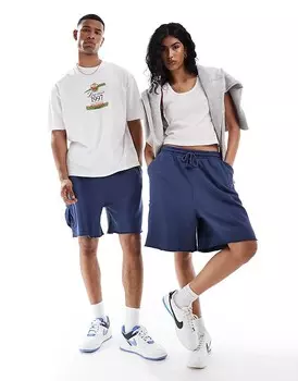 ASOS DESIGN унисекс – Синие брючные шорты оверсайз с тремя карманами и эффектом потертости