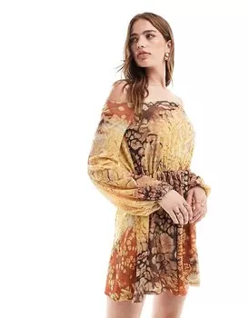 ASOS DESIGN – Воздушное сетчатое мини-платье с вырезом-бандо, объемными рукавами и узкими манжетами в стиле бохо