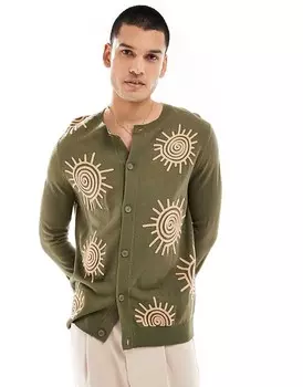 ASOS DESIGN — Вязаный кардиган цвета хаки с вышитым солнечным узором