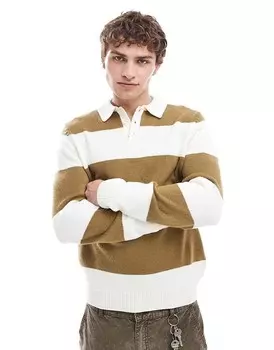 ASOS DESIGN – Вязаный свитер-поло цвета экрю и хаки в полоску