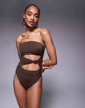 ASOS DESIGN Высокий купальник Nina с узлом шоколадно-коричневого цвета