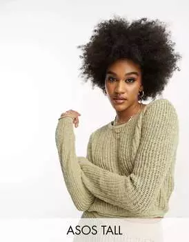 ASOS DESIGN Высокий укороченный джемпер с текстурированной лесенкой цвета хаки