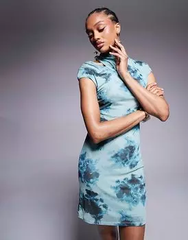 ASOS DESIGN Высокое мини-платье из сетки с рукавами-крылышками, разрезами на плечах и синим размытым цветочным принтом ASOS Tall