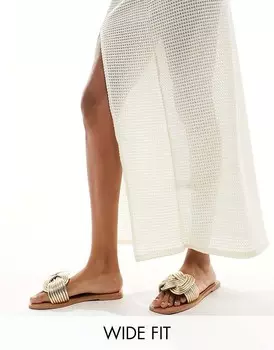 ASOS DESIGN Wide Fit – Fifi – Золотистые плетеные мюли на плоской подошве, широкий крой