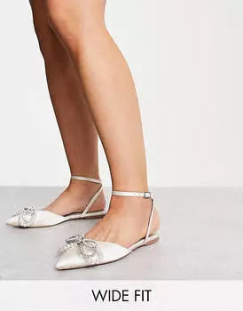 ASOS DESIGN Wide Fit Роскошные туфли на плоской подошве с острым носком и бантом из искусственного жемчуга цвета слоновой кости